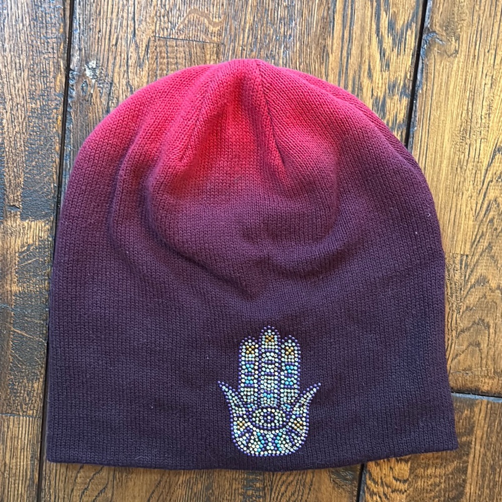 Purple Ombré Knit Beanie with Studded Hamsa